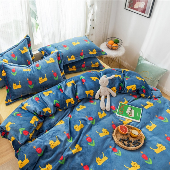 91家纺网 家纺一手货源 找家纺 时年 2019牛奶绒印花保暖四件套 猫咪君