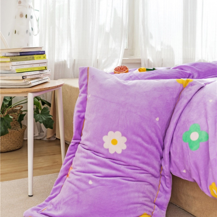 91家纺网 家纺一手货源 找家纺 时年 2019牛奶绒印花保暖四件套 小花花-紫