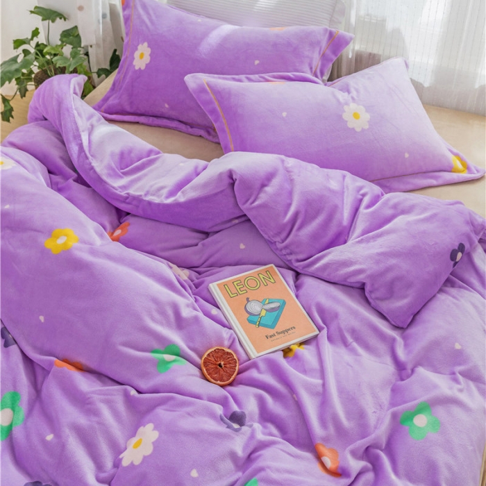 91家纺网 家纺一手货源 找家纺 时年 2019牛奶绒印花保暖四件套 小花花-紫