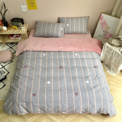 91家纺网 家纺一手货源 找家纺 时年 2019棉加绒系列三四件套 格纹星星