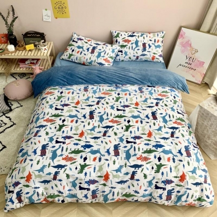 91家纺网 家纺一手货源 找家纺 时年 2019棉加绒系列三四件套 小小恐龙