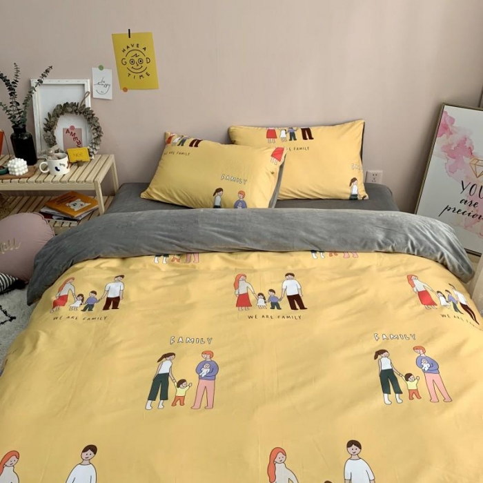 91家纺网 家纺一手货源 找家纺 时年 2019棉加绒系列三四件套 快乐一家人