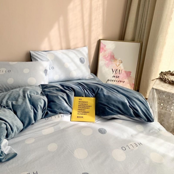 91家纺网 家纺一手货源 找家纺 时年 2019棉加绒系列三四件套 蓝圈圈