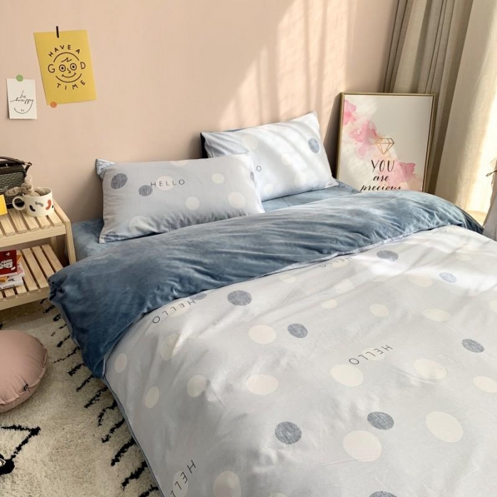 91家纺网 家纺一手货源 找家纺 时年 2019棉加绒系列三四件套 蓝圈圈