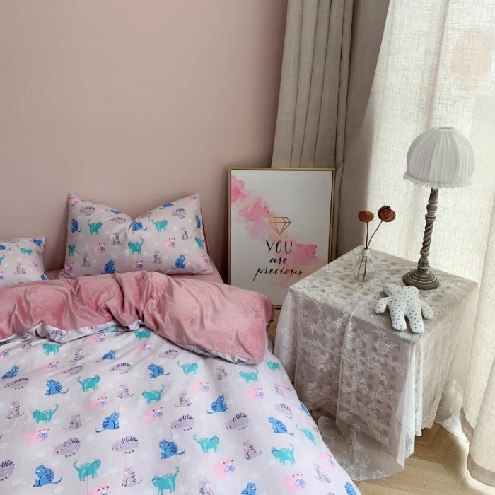 91家纺网 家纺一手货源 找家纺 时年 2019棉加绒系列三四件套 猫咪酱