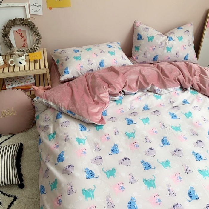 91家纺网 家纺一手货源 找家纺 时年 2019棉加绒系列三四件套 猫咪酱