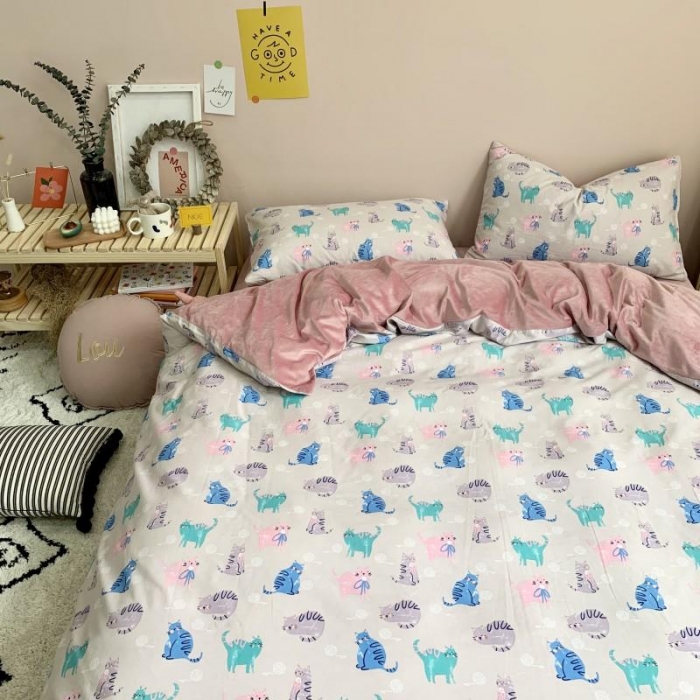 91家纺网 家纺一手货源 找家纺 时年 2019棉加绒系列三四件套 猫咪酱