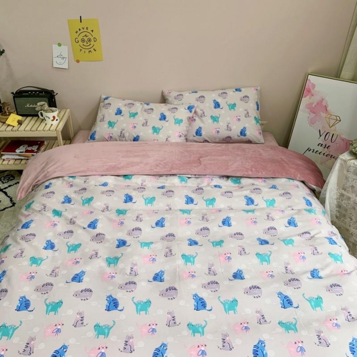 91家纺网 家纺一手货源 找家纺 时年 2019棉加绒系列三四件套 猫咪酱