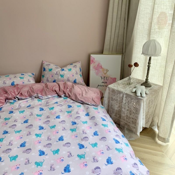 91家纺网 家纺一手货源 找家纺 时年 2019棉加绒系列三四件套 猫咪酱