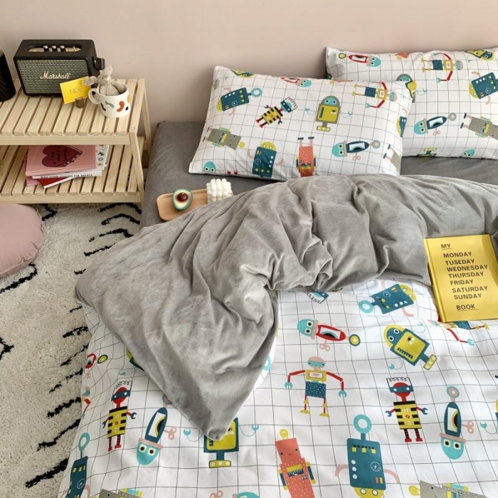 91家纺网 家纺一手货源 找家纺 时年 2019棉加绒系列三四件套 小小机器人