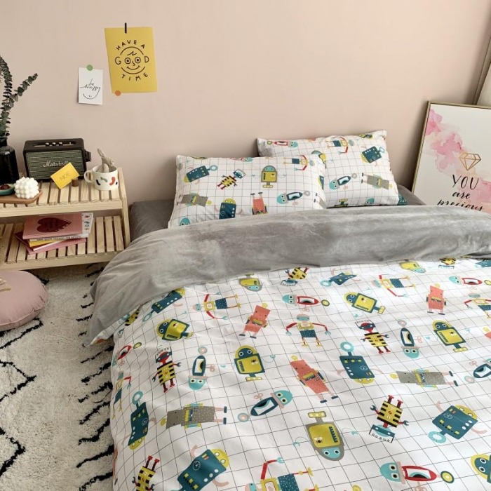 91家纺网 家纺一手货源 找家纺 时年 2019棉加绒系列三四件套 小小机器人