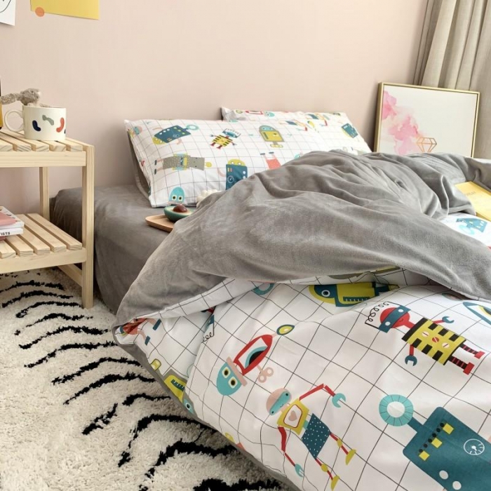 91家纺网 家纺一手货源 找家纺 时年 2019棉加绒系列三四件套 小小机器人