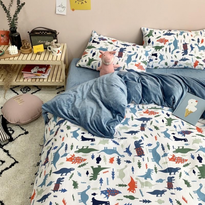 91家纺网 家纺一手货源 找家纺 时年 2019棉加绒系列三四件套 小小恐龙