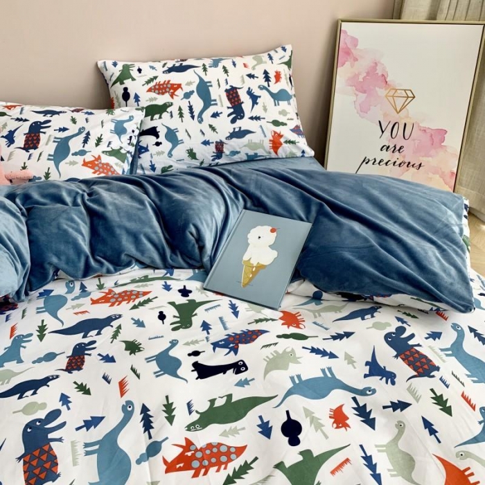 91家纺网 家纺一手货源 找家纺 时年 2019棉加绒系列三四件套 小小恐龙