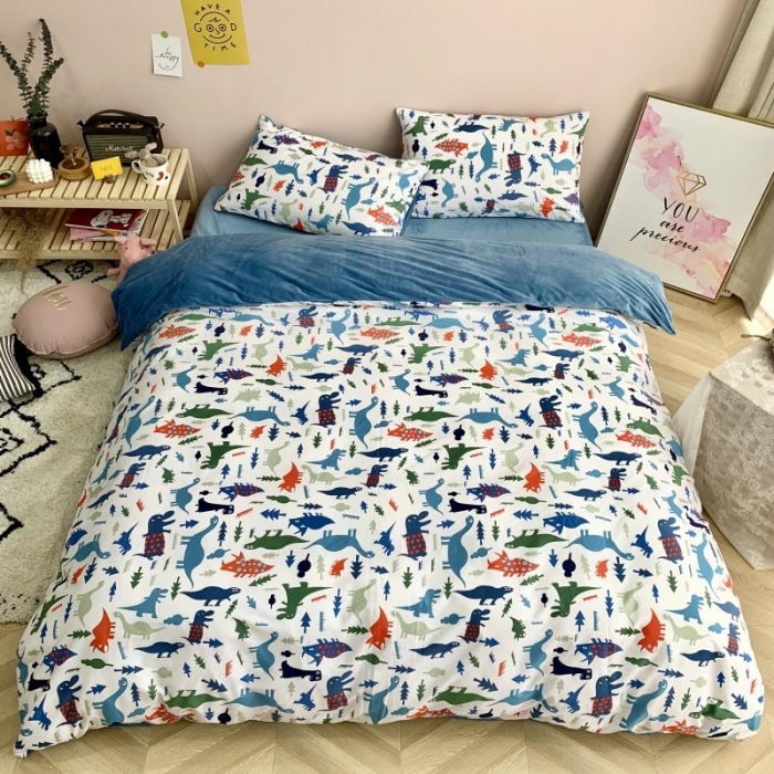 91家纺网 家纺一手货源 找家纺 时年 2019棉加绒系列三四件套 小小恐龙