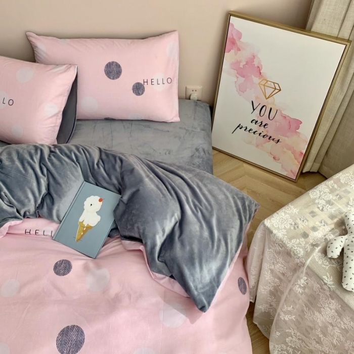 91家纺网 家纺一手货源 找家纺 时年 2019棉加绒系列三四件套 粉圈圈