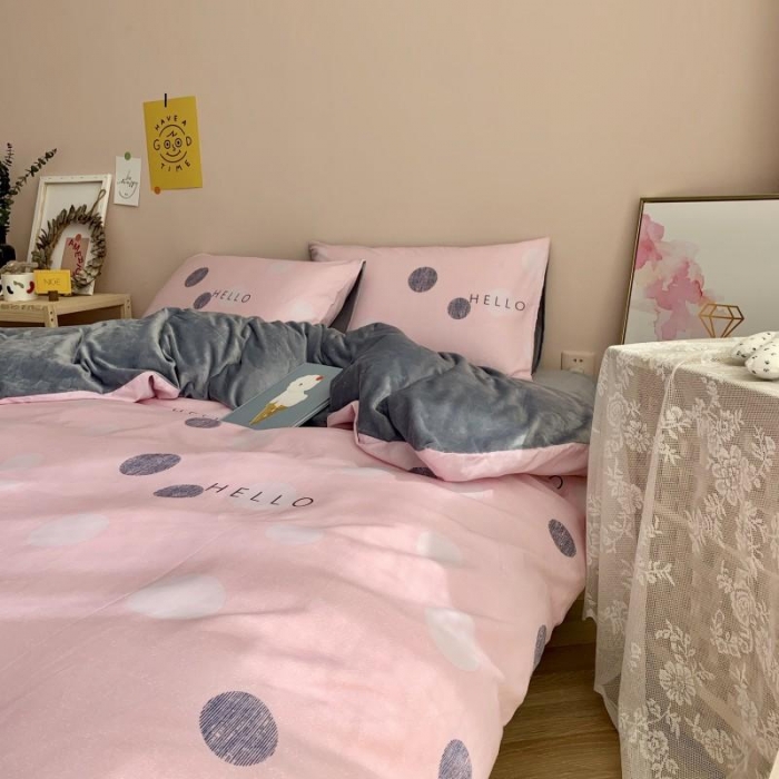 91家纺网 家纺一手货源 找家纺 时年 2019棉加绒系列三四件套 粉圈圈