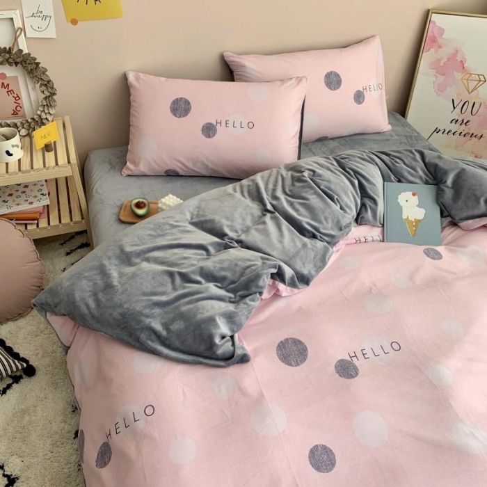 91家纺网 家纺一手货源 找家纺 时年 2019棉加绒系列三四件套 粉圈圈