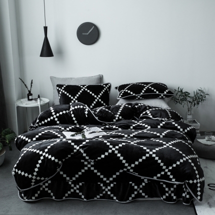 91家纺网 家纺一手货源 找家纺 顾里家纺 加厚保暖牛奶绒套件 黑网格