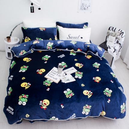 91家纺网 家纺一手货源 找家纺 顾里家纺 加厚保暖牛奶绒套件 青蛙