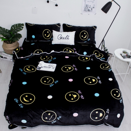 91家纺网 家纺一手货源 找家纺 顾里家纺 加厚保暖牛奶绒套件 chic笑脸