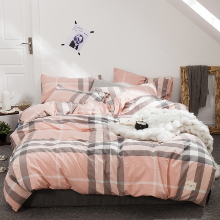 91家纺网 家纺一手货源 找家纺 凯磊家纺 2019新款.色织水洗棉四件套 格言粉