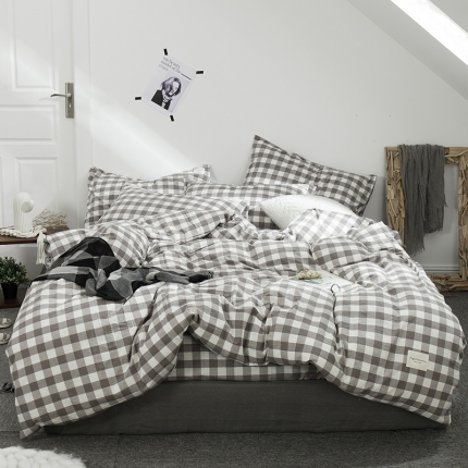 91家纺网 家纺一手货源 找家纺 凯磊家纺 2019新款.色织水洗棉四件套 浅灰格