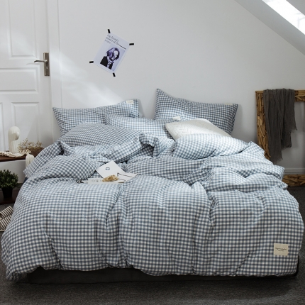 91家纺网 家纺一手货源 找家纺 凯磊家纺 2019新款.色织水洗棉四件套 小方格蓝