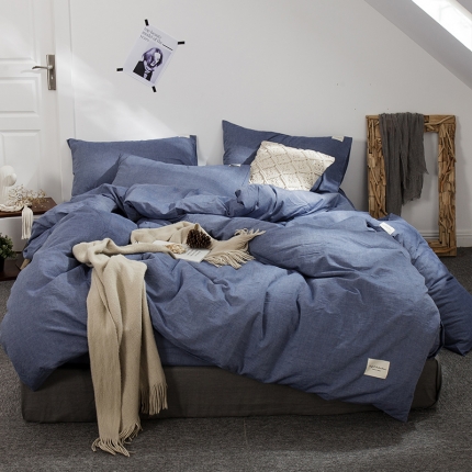 91家纺网 家纺一手货源 找家纺 凯磊家纺 2019新款.色织水洗棉四件套 青春蓝