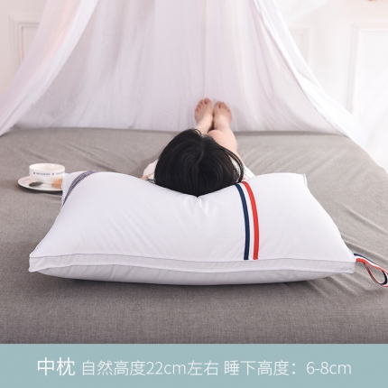 91家纺网 家纺一手货源 找家纺 瑞莉安枕芯 舒柔彩条低中高羽丝绒枕 吊带悬挂带可水洗