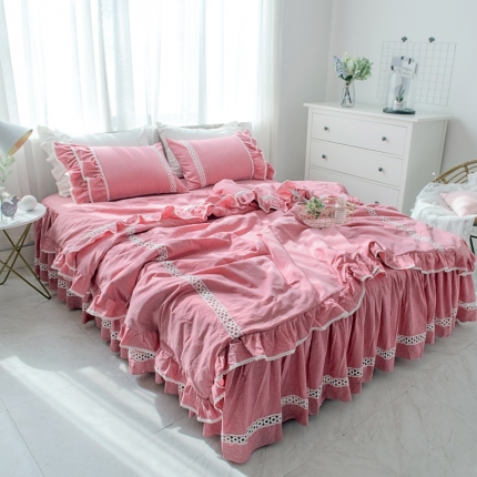 91家纺网 家纺一手货源 找家纺 2018新品棉麻水洗色织全棉四件套床裙款