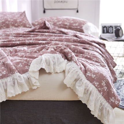 91家纺网 家纺一手货源 找家纺 2019慕梵全棉水洗棉纱布夏被纯棉夏凉被花边枕套三件套