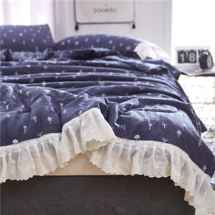 91家纺网 家纺一手货源 找家纺 2019慕梵全棉水洗棉纱布夏被纯棉夏凉被花边枕套三件套