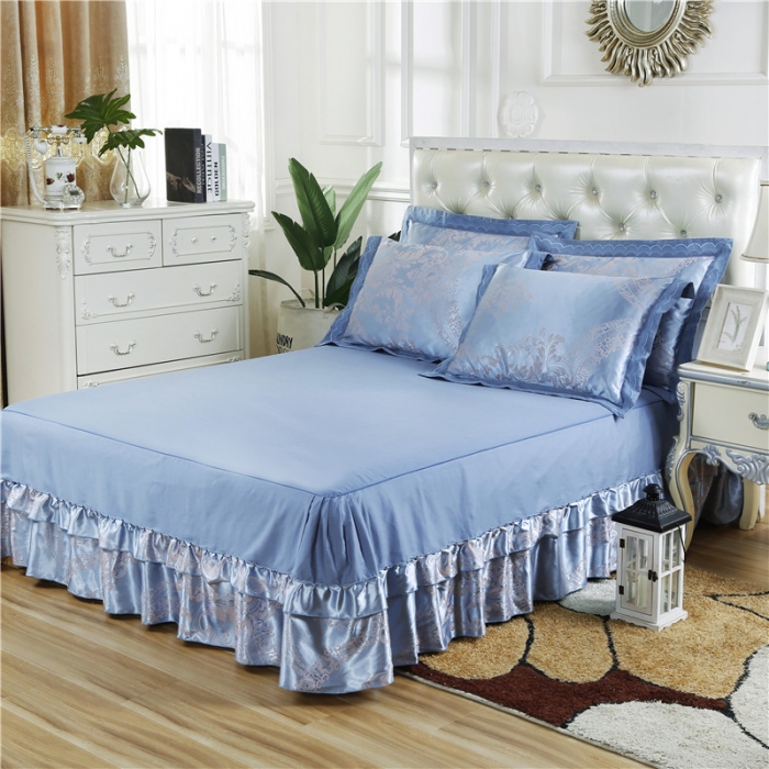 91家纺网 家纺一手货源 找家纺 福丽莱家纺 贡缎提花床裙四件套（单层）典范欧风-蓝灰