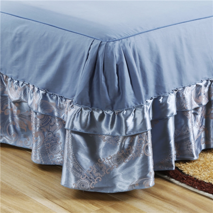 91家纺网 家纺一手货源 找家纺 福丽莱家纺 贡缎提花床裙四件套（单层）典范欧风-蓝灰