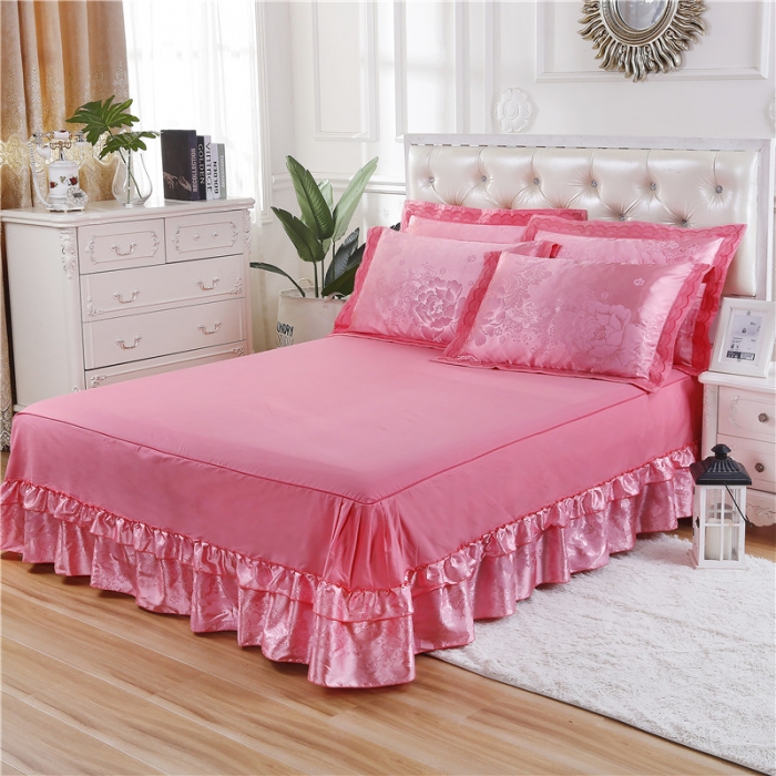 91家纺网 家纺一手货源 找家纺 福丽莱家纺 贡缎提花床裙四件套（单层）花团锦簇-粉玉