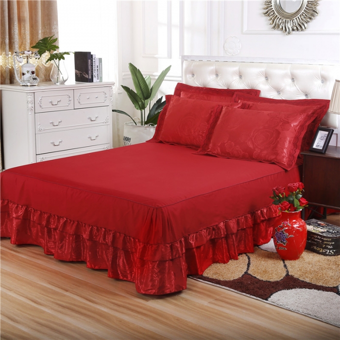 91家纺网 家纺一手货源 找家纺 福丽莱家纺 贡缎提花床裙四件套（单层）玫瑰风情-大红