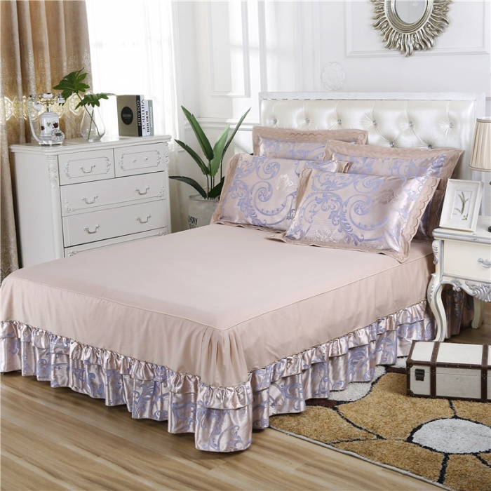 91家纺网 家纺一手货源 找家纺 福丽莱家纺 贡缎提花床裙四件套（单层）摩卡庄园-紫驼