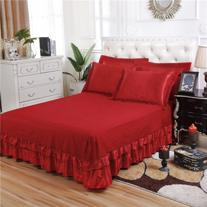 91家纺网 家纺一手货源 找家纺 福丽莱家纺 贡缎提花床裙四件套（单层）暖心芳妍-大红