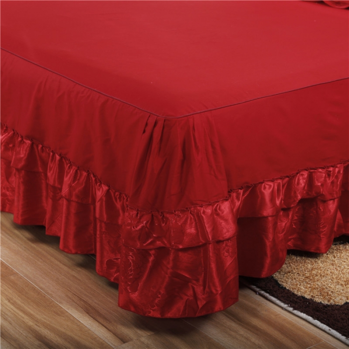 91家纺网 家纺一手货源 找家纺 福丽莱家纺 贡缎提花床裙四件套（单层）暖心芳妍-大红