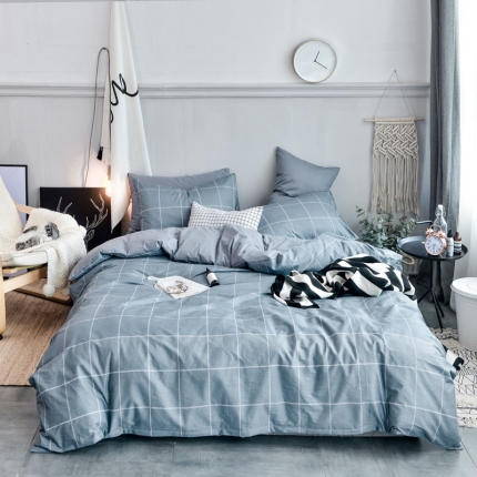 91家纺网 家纺一手货源 找家纺 ﹙总﹚梦家居纯棉全棉简约格条灰色四件套床上用品
