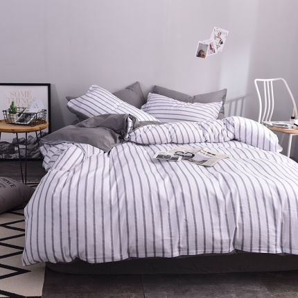 91家纺网 家纺一手货源 找家纺 ﹙总﹚梦家居全棉纯棉简约格条灰色系四件套床上用品