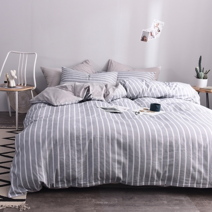 91家纺网 家纺一手货源 找家纺 ﹙总﹚梦家居全棉纯棉简约格条灰色系四件套床上用品