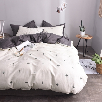 91家纺网 家纺一手货源 找家纺 ﹙总﹚梦家居全棉纯棉简约格条灰色系四件套床上用品