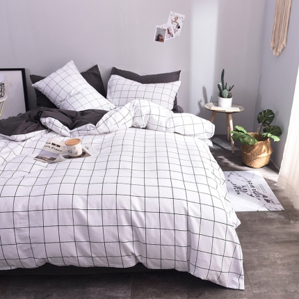 91家纺网 家纺一手货源 找家纺 ﹙总﹚梦家居全棉纯棉简约格条灰色系四件套床上用品