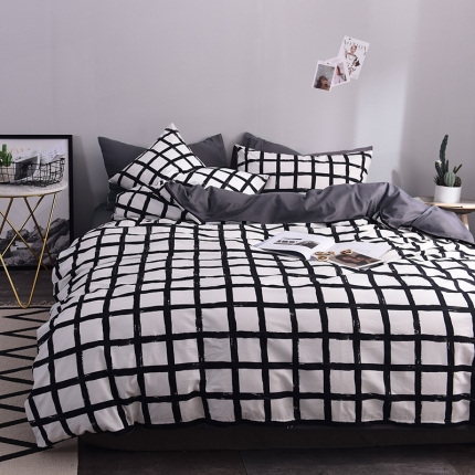 91家纺网 家纺一手货源 找家纺 ﹙总﹚梦家居全棉纯棉简约格条灰色系四件套床上用品