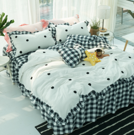 淑女公社 毛巾绣水洗棉四件套床裙款 遇见-圆点黑白格