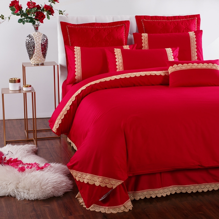 91家纺网 家纺一手货源 找家纺 慕她婚庆四件套大红色刺绣花全棉纯棉结婚六八十多件套喜事满屋