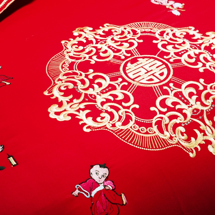 91家纺网 家纺一手货源 找家纺 慕她婚庆四件套大红色刺绣花全棉纯棉结婚六八十多件套百子迎亲