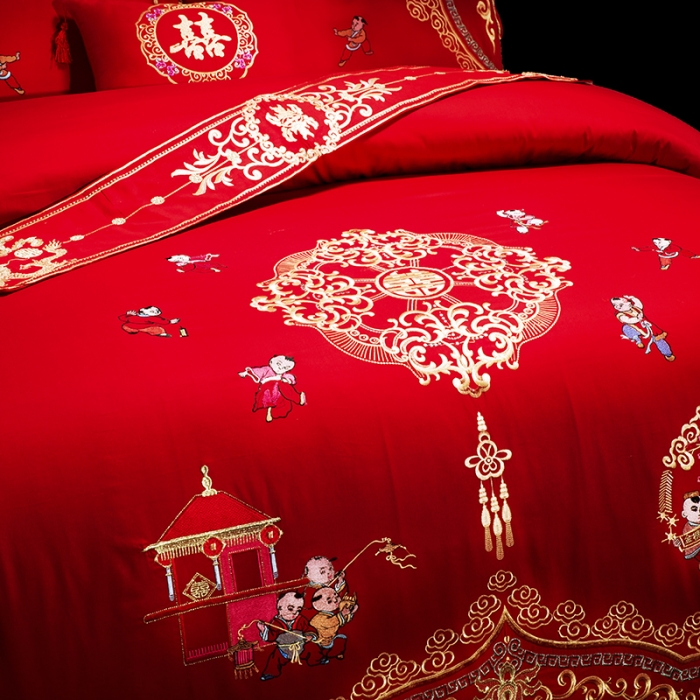 91家纺网 家纺一手货源 找家纺 慕她婚庆四件套大红色刺绣花全棉纯棉结婚六八十多件套百子迎亲